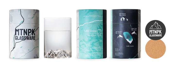 Our 12oz Handblown Lake Louise tumbler has all the surrounding mountains keeping the valley and lake in the middle. Each glass contains:  One (1) 12oz Lake Louise glass One (1) Cork coaster Unique packaging featuring the well travelled road of HWY 1﻿.