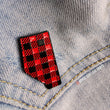 Load image into Gallery viewer, The buffalo plaid Alberta shaped pin measures 1 1/4" along the longest edge.
