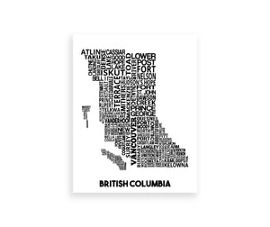 Our British Columbia map print features the province's cities and selected towns placed in their relative location. Two available sizes: 8" x 10" (20.3cm x 25.4cm), 11" x 14" (27.9cm x 35.5cm)