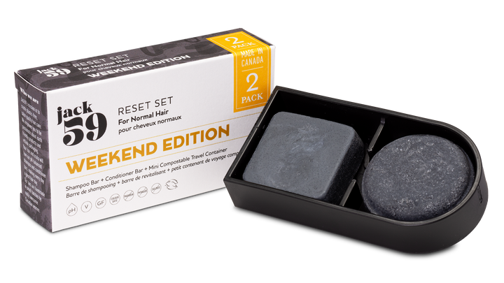 The reset travel kit contains everything you need for a refreshing and eco-friendly shower on the go. We've packed in all the goodies you love from Jack59, ensuring a luxurious hair care experience wherever your adventures take you. Contains 1 mini shampoo bar, 1 mini conditioner bar, and 1 mini compostable shower container