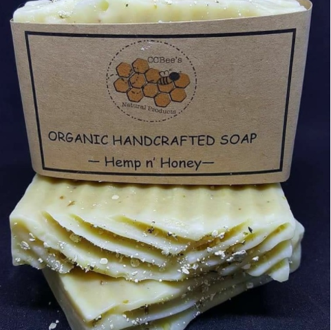 Premium soap handcrafted with certified organic saponified oils including hemp, olive, castor, and coconut oils, as well as fair- trade organic shea butter. Ground organic hemp hearts also included for gentle exfoliation, and a touch of beeswax and honey.