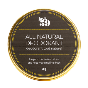 Jack59's all natural deodorant is scented with Litsea Cubeba, Bergamot, Eucalyptus, Frankincense, Sweet Orange, Tea Tree and Rosemary essential oils.
