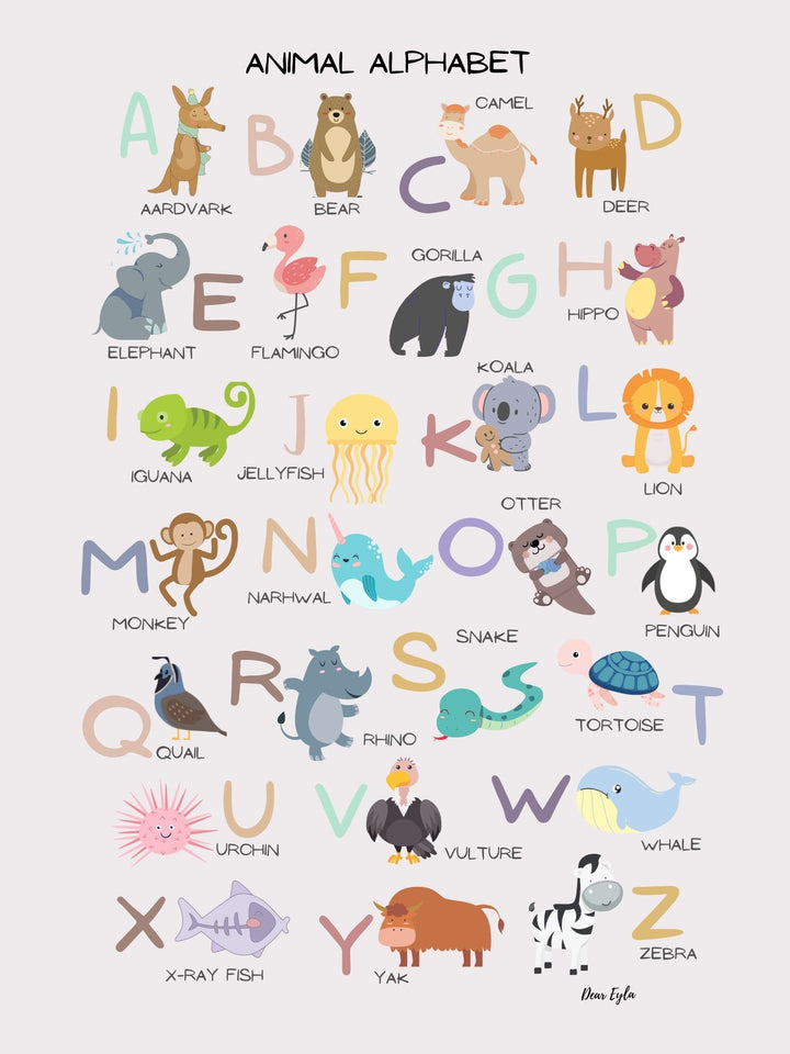 12" x 16" Animal Alphabet available as an art print or a vinyl wall sticker.