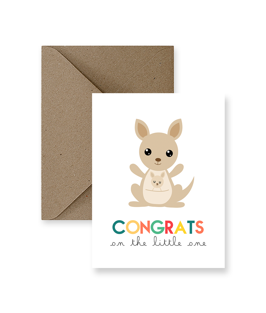 Sized A2, 4.25 x 5.5 inches folded card has a mother kangaroo with a baby in her pouch and says "Congrats on the little one". This card comes with a matching Kraft Envelope