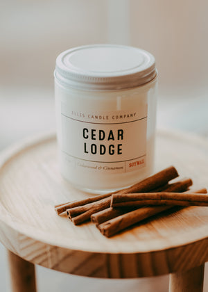This 8oz candle is called "Cedar Lodge" and has notes of Jasmine and cinnamon, with subtle notes of French Lavender tied together with golden sandalwood. It can burn for 40+ hours and is made using all natural soy wax, wood wick, no dyes