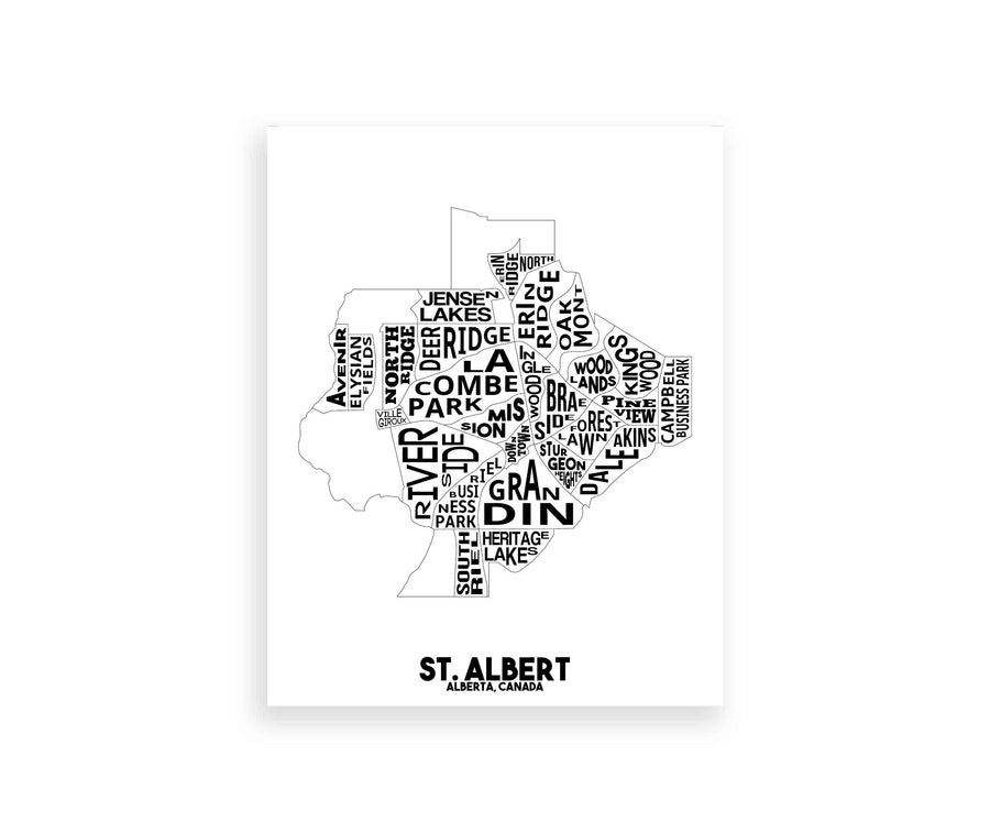 Our St Albert city map print features the city's neighbourhoods. It's a fun and unique print to have on your wall! Two available sizes: 8" x 10" (20.3cm x 25.4cm), 11" x 14" (27.9cm x 35.5cm)