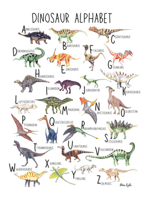 12" x 16" Dino Alphabet available as an art print or a vinyl wall sticker.