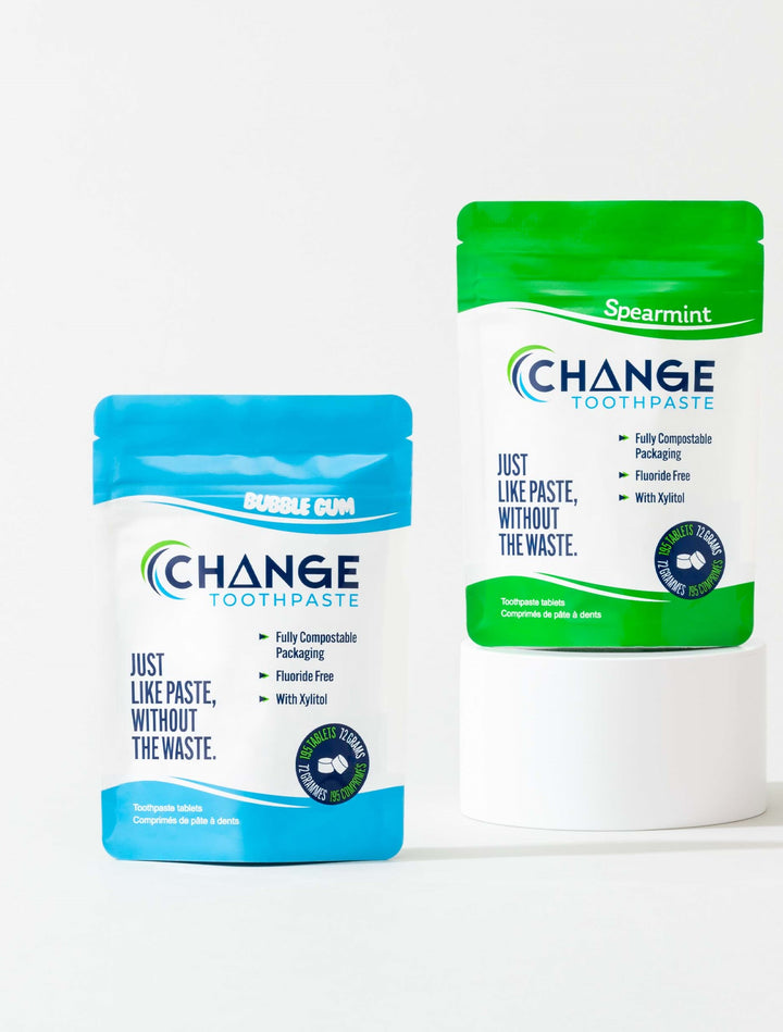 Fluoride free toothpaste tablets from Change Toothpaste comes in spearmint and bubblegum