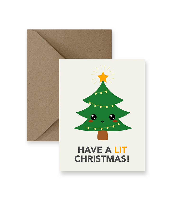 Christmas card with a lit up Christmas tree and says "Have a lit Christmas!"