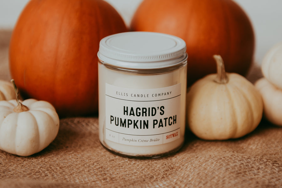 This 8oz candle is called "Hagrid's Pumpkin Patch" this pumpkin patch was owned and cared for by Rubeus Hagrid, gamekeeper at Hogwarts School of Witchcraft and Wizardry and our inspiration for a beloved fall classic scent - pumpkin spice. It can burn for 40+ hours and is made using natural soy wax, a wood wick, and no dyes