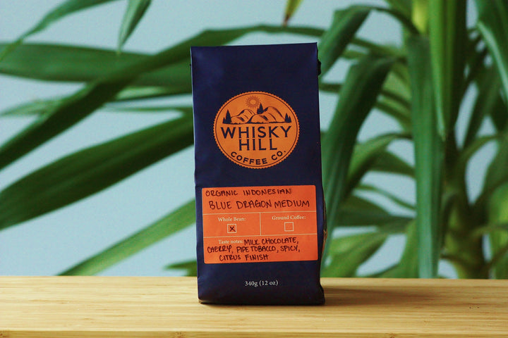 Whiskey Hill Coffee Co. whole bean organinc Blue Dragon medium roast coffee with beans from Indonesia