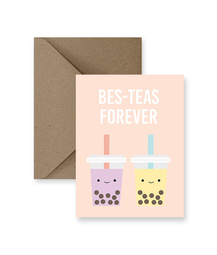 Sized A2, 4.25 x 5.5 inches folded card has two bubble teas and says "Bes-teas forever". The card comes with a matching Kraft Envelope