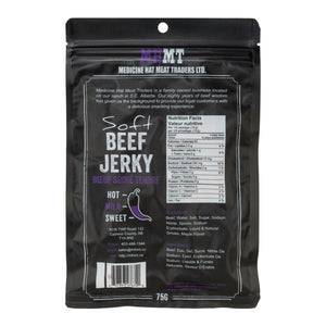 75g bag of beef jerky, Ingredients: Beef. water, salt, sodium nitrite, spices, sodium erythorbate, liquid and natural smoke, maple flavour.