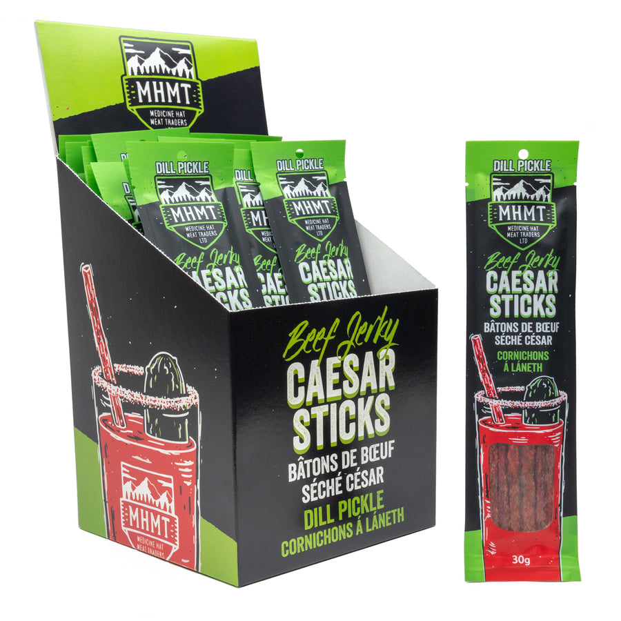 MHMT's Dill Pickle Beef Jerky Caesar sticks, these 30g bags are the perfect addition to any Caesar or simply can be used as an easy on the go snack