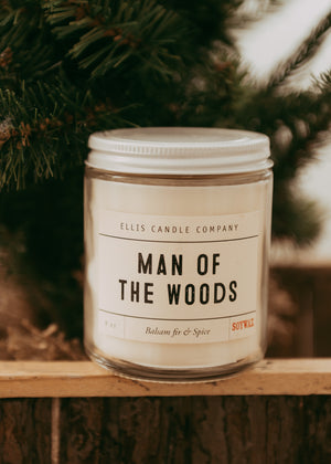 This 8oz candle is called "Man of the woods" and it has all the outdoorsy fragrance you love with balsam fir and spicy cedar musk. It can burn for 40+ hours and is made using all natural soy wax, a wood wick, and no dyes.