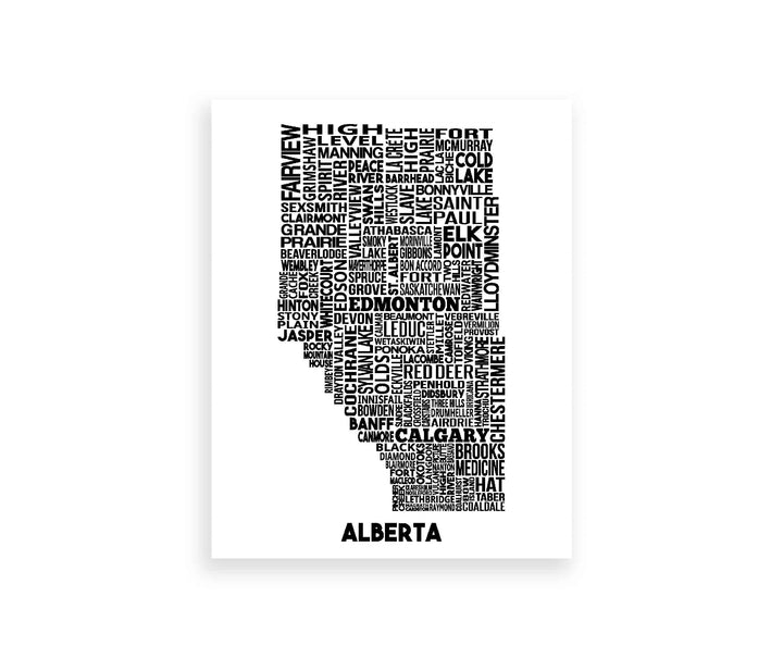 Our Alberta cities map print features the province's incorporated cities placed in their relative location. Two available sizes: 8" x 10" (20.3cm x 25.4cm), 11" x 14" (27.9cm x 35.5cm)