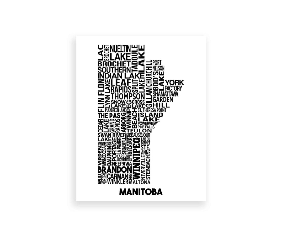 Our Manitoba map print features the province's cities, major towns and features in their relative location. Two available sizes: 8" x 10" (20.3cm x 25.4cm), 11" x 14" (27.9cm x 35.5cm).