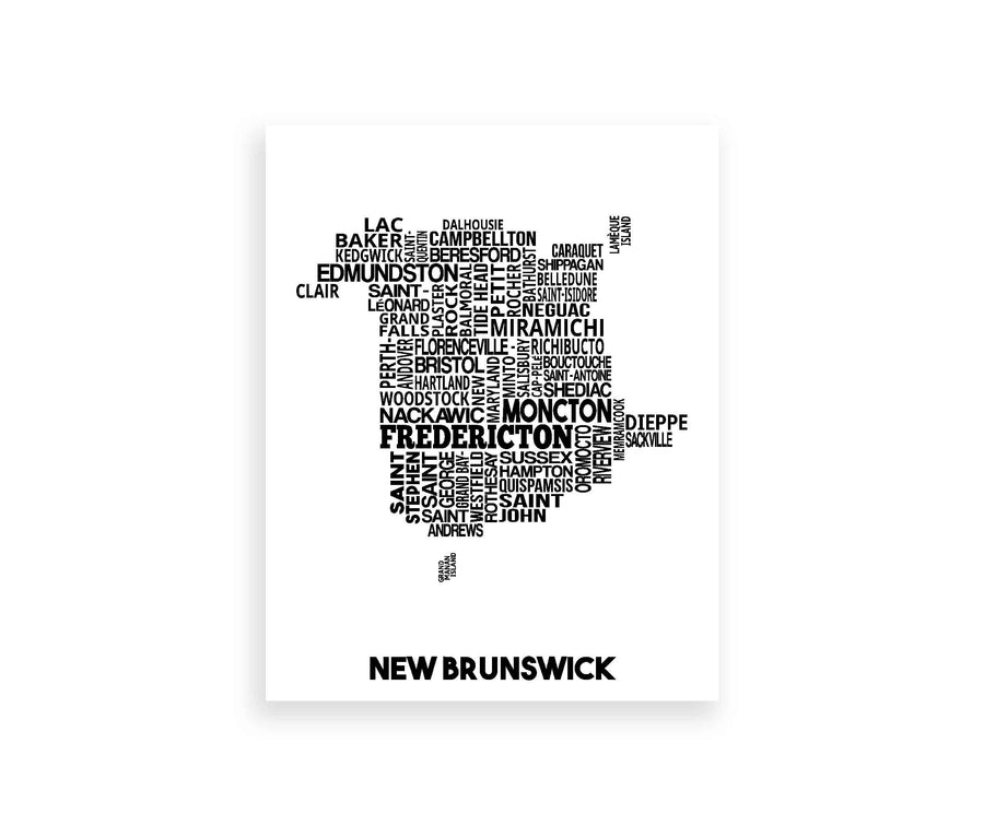 Our New Brunswick city map print features a selection of cities, towns and villages placed in their relative location. Two available sizes: 8" x 10" (20.3cm x 25.4cm), 11" x 14" (27.9cm x 35.5cm).