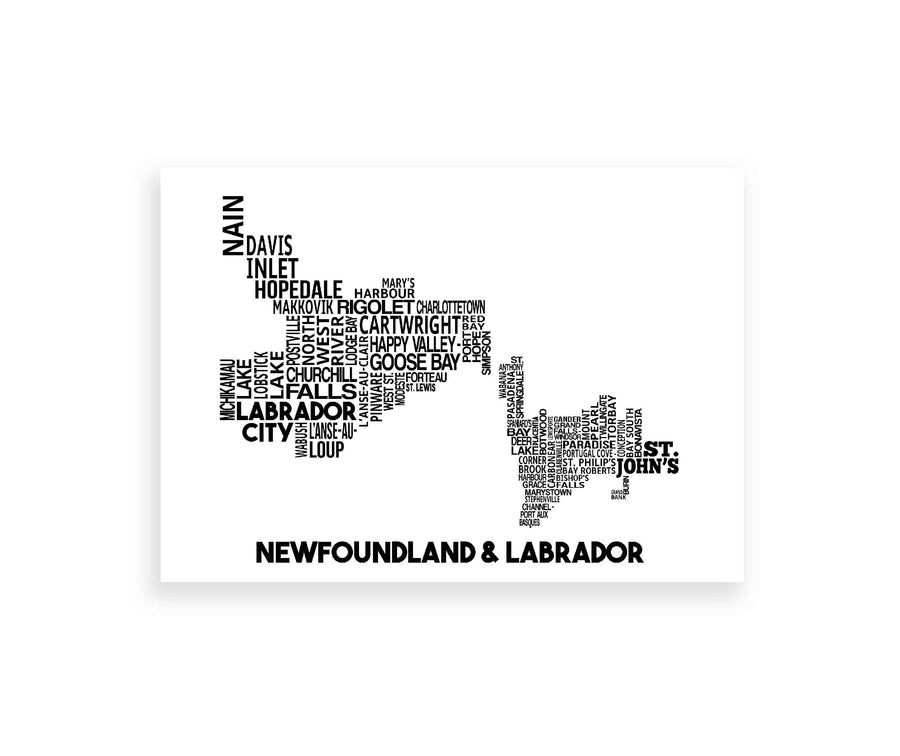 Our Newfoundland and Labrador map print features a selection of the province's cities and towns placed in their relative location. Two available sizes: 8" x 10" (20.3cm x 25.4cm), 11" x 14" (27.9cm x 35.5cm)