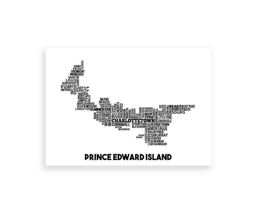 Our Prince Edward Island map print features a selection of the province's cities, towns and rural municipalities in their relative location. Two available sizes: 8" x 10" (20.3cm x 25.4cm), 11" x 14" (27.9cm x 35.5cm)