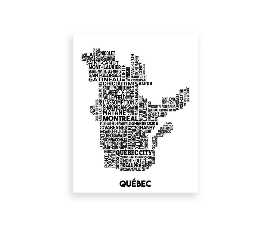 Our Quebec map print features a selection of the province's cities in their relative location. It's a fun and unique print to have on your wall!  Two available sizes: 8" x 10" (20.3cm x 25.4cm), 11" x 14" (27.9cm x 35.5cm)