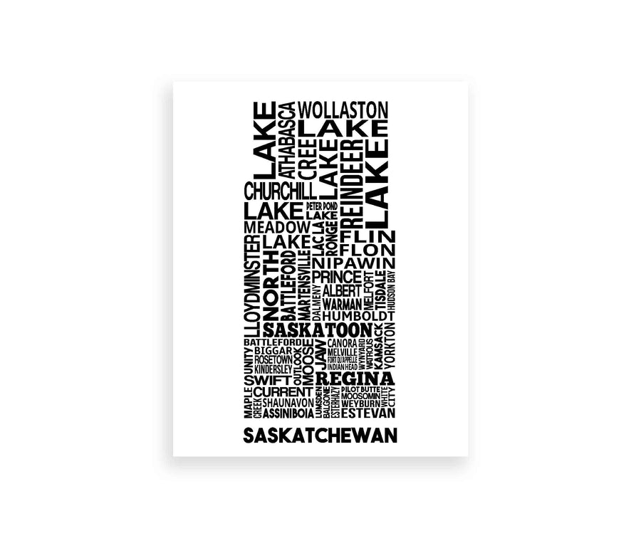 Our Saskatchewan map print features the province's cities, major towns and features in their relative location. Two available sizes: 8" x 10" (20.3cm x 25.4cm), 11" x 14" (27.9cm x 35.5cm)