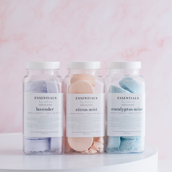 Aromatic shower steamers available in Lavender, Citrus Mist, and Eucalyptus Mint
