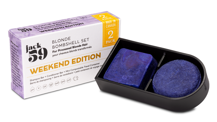 The blonde bombshell travel kit contains everything you need for a refreshing and eco-friendly shower on the go. We've packed in all the goodies you love from Jack59, ensuring a luxurious hair care experience wherever your adventures take you. Contains 1 mini shampoo bar, 1 mini conditioner bar, and 1 mini compostable shower container