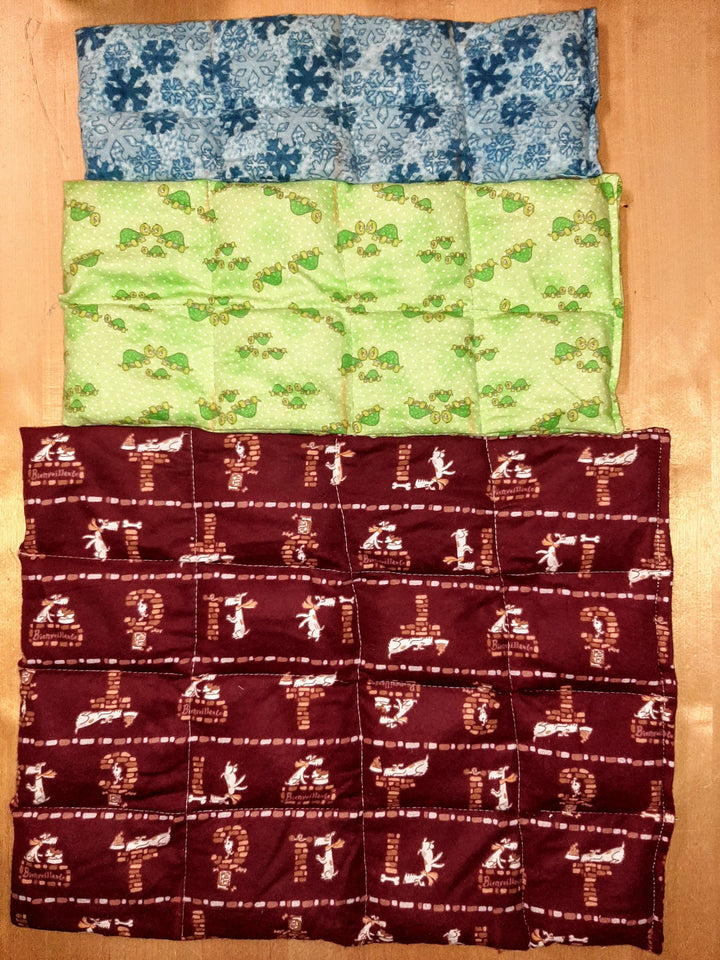 Wheat bags for microwave or cool in the freezer for sore muscles, inflammation, swelling or just temperature control. They last years. Triple stitched to prevent leaking and pockets for even distribution. 