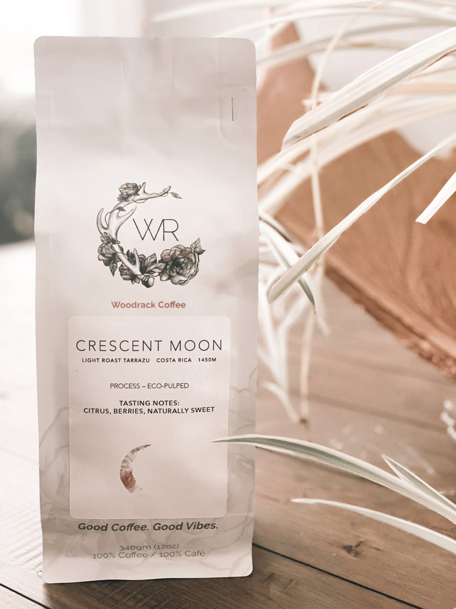 Crescent Moon coffee from Woodrack Cafe. Light roast whole beans come from Tarrazu, Costa Rica with sweet tasting notes of citrus and berries.