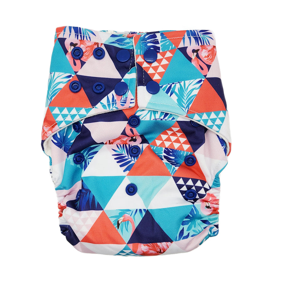 Cloth Diaper in "flamingo" with geometric shapes of dark blue, orange, and tropical patterns with flamingos, with dark blue buttons