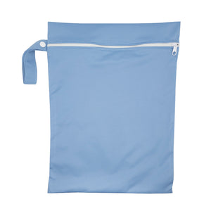 These bags are for storing dirty diapers until laundry day. They go right into the washing machine with the diapers. Wet bag in "forget me not" blue