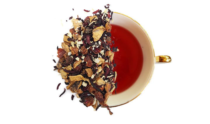 Peach Passion is a tisane, meaning it’s a fruit infusion. Peach takes the leading role and is back up with notes of apples, and hibiscus turns the cup into the vibrant red color.