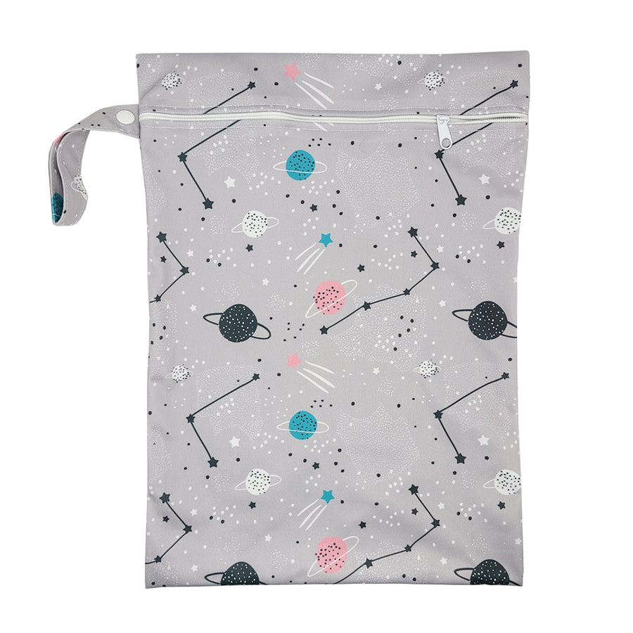 These bags are for storing dirty diapers until laundry day. They go right into the washing machine with the diapers. Wet Bag in "Space Cadet" with a grey background and black, white, blue, and pink stars and planets