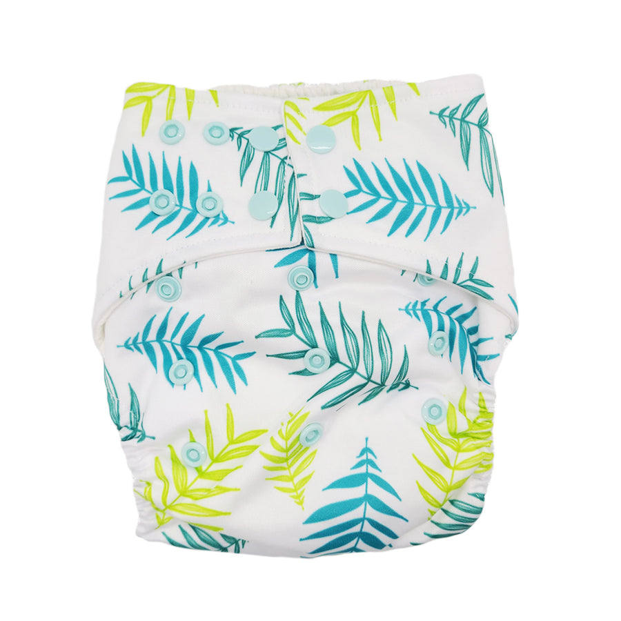 Cloth diaper in "sprinf leaves" with a white background and light blue and green leaves with light blue buttons.