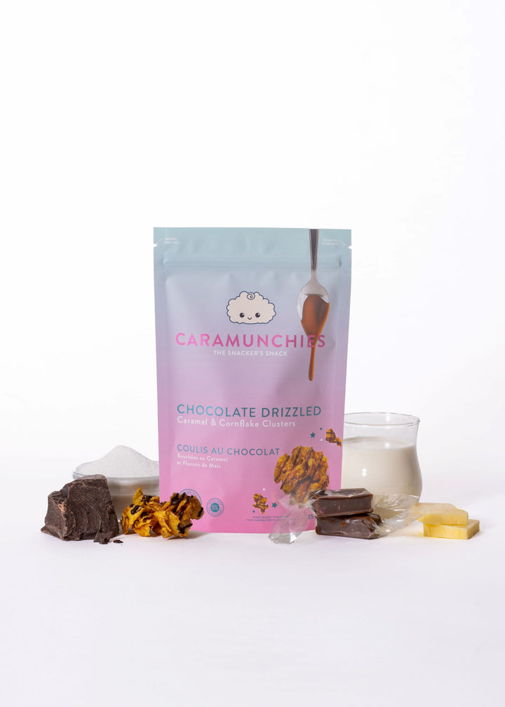 Chocolate drizzled caramunchies, the soft and chewy original salted caramel caramunchies drizzled with melt in your mouth French dark chocolate. Contains Milk, Soy, Barley Ingredients (gluten) and may contain trace amounts of peanuts/tree nuts.