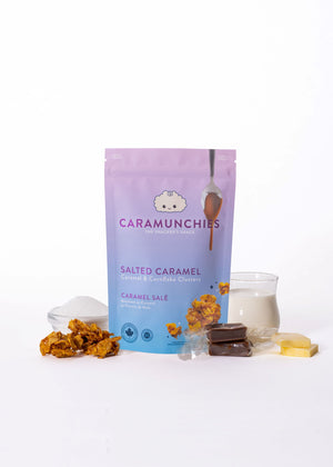 Original Salted Caramel Caramunchies, chunks of cornflakes mixed in a perfectly balanced mixture of sweet caremel and sea salt. Contains Milk, Soy, Barley Ingredients (gluten) and may contain trace amounts of peanuts/tree nuts.