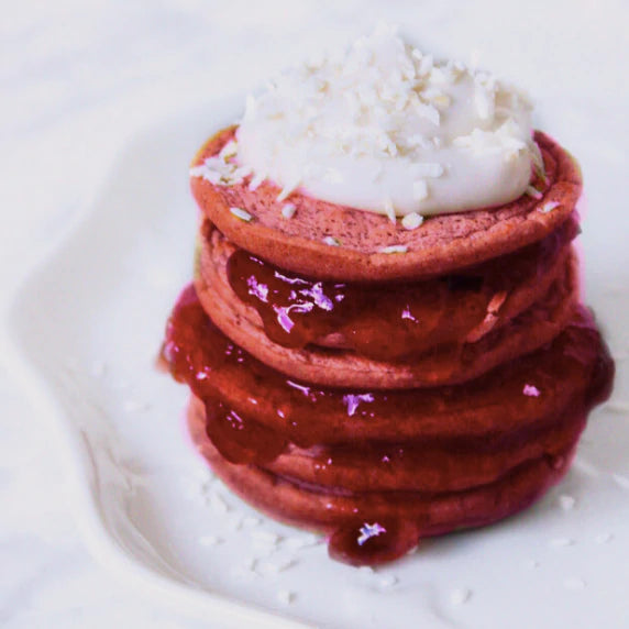 Pink chia pancakes made using the Beetroot Blume blend. 
