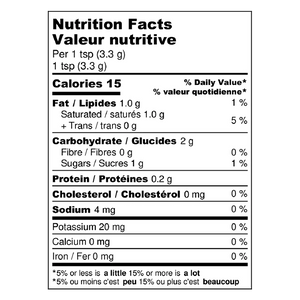 Nutritional facts for the Blue Lavender Blume powder. 1 teaspoon of this powder in 15 calories with 1% fat and 2g of carbohydrates.