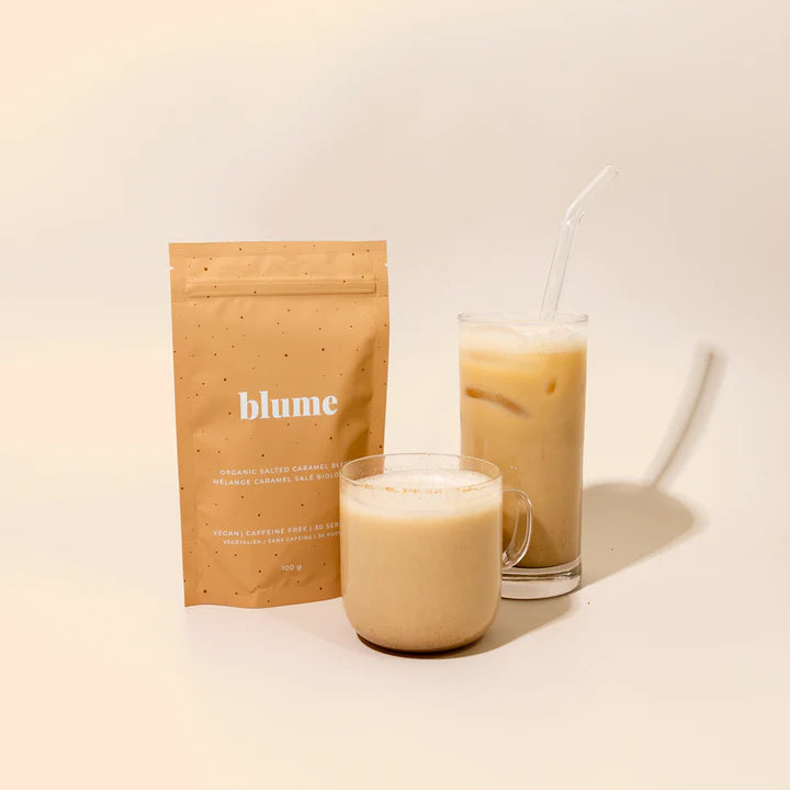 Salted Caramel Blume drink powder used for a hot and ices salted caramel latte.