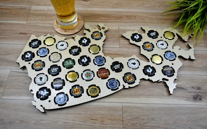 Amazingly good looking map of Canada made out of plywood with holders for bottle caps. Create your own custom collection of bottle caps from your favourite drinks and hang it on the wall for a great personalized decoration that everyone will notice. The map is made out of strong 1/4 inch birch plywood with a light smooth shiny finish. A total of 37 cap holding positions that will fit standard 27mm crown caps