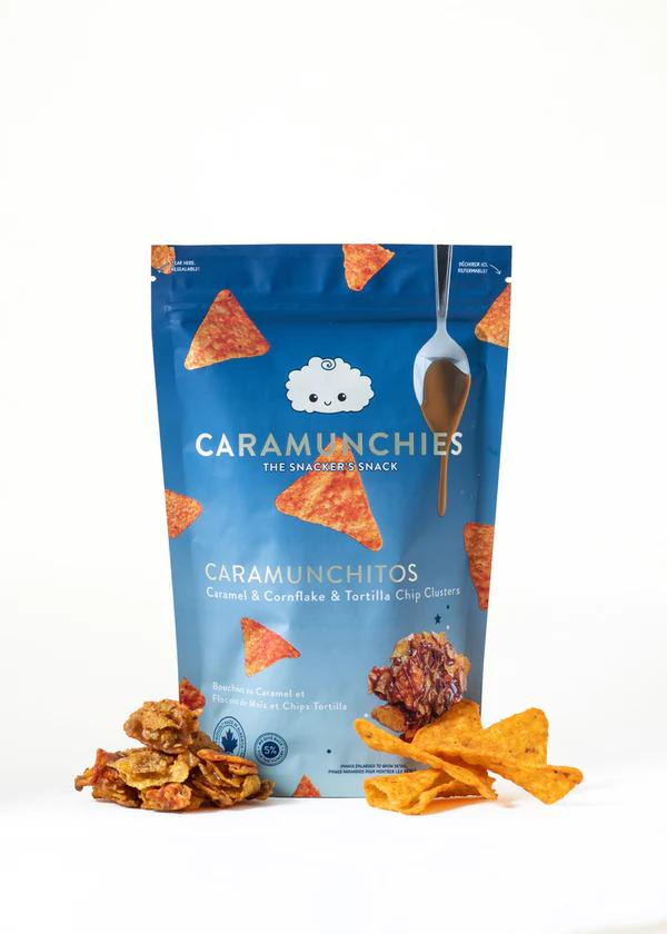 Caramunchitos caramuncies, original caramel cornflakes tumbled together with flaming hot and original Doritos. Contains Barley Ingredients, Milk, Soy, Wheat.