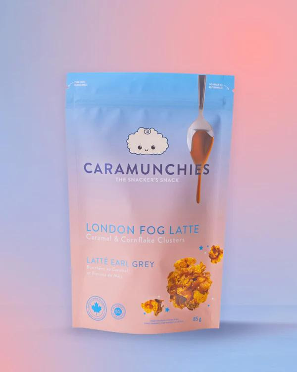 London Fog Caramuchies, caramel cornflake chunks infused with black bergamot vanilla tea. Contains Milk, Soy, Barley Ingredients (gluten) and may contain trace amounts of peanuts/tree nuts.