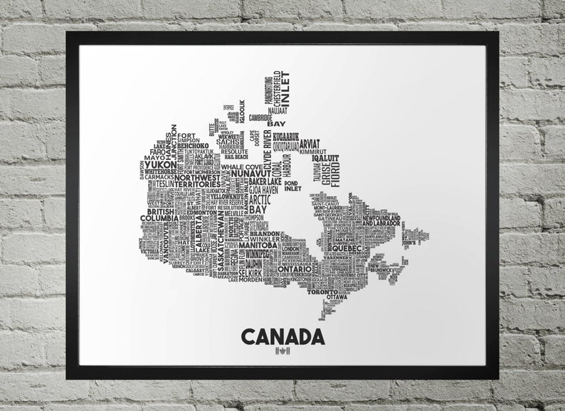Our Canada cities map print features the county's provinces and major cities. It's a fun and unique print to have on your wall! Two available sizes: 8" x 10" (20.3cm x 25.4cm), 11" x 14" (27.9cm x 35.5cm).