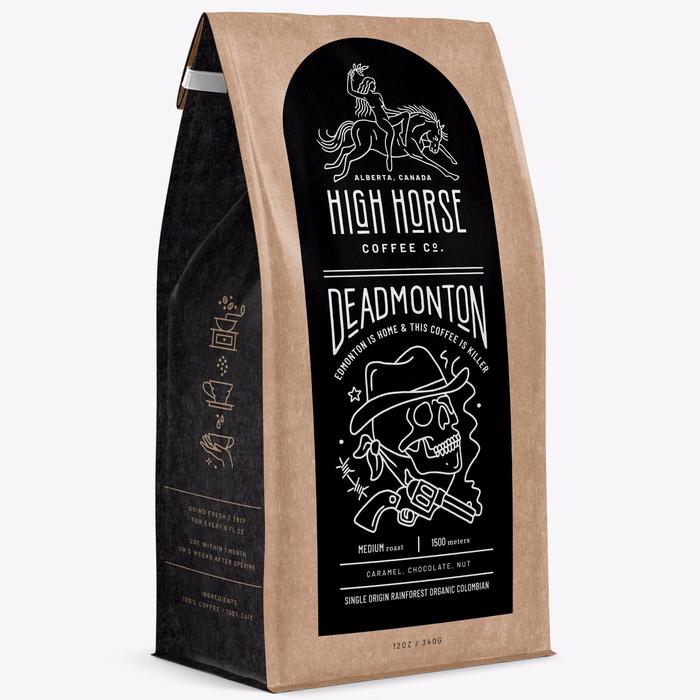 High Horse Coffee Co. Deadmonton whole bean medium roast coffee with tasting notes of caramel, chocolate, and nut.