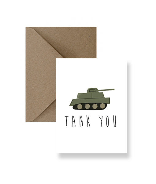 Sized A2, 4.25 x 5.5 inches folded card has a toy tank on the front and says "Tank you". The card comes with a matching Kraft Envelope