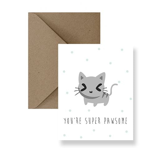 Sized A2, 4.25 x 5.5 inches folded card has a cat on the front and says "You're super pawsome". The card comes with a matching Kraft Envelope