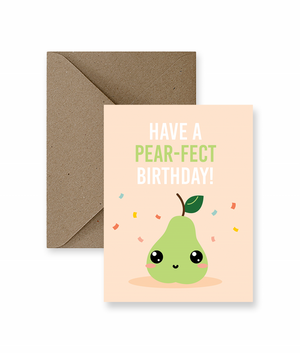 Sized A2, 4.25 x 5.5 inches folded card has a cute pear surrounded by confetti on the front and says "Have a pear-fect birthday". This card comes with a matching Kraft Envelope