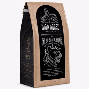 High Horse Coffee Co. Great Black North whole bean dark roast espresso with smooth full bodied tasting notes of dark chocolate
