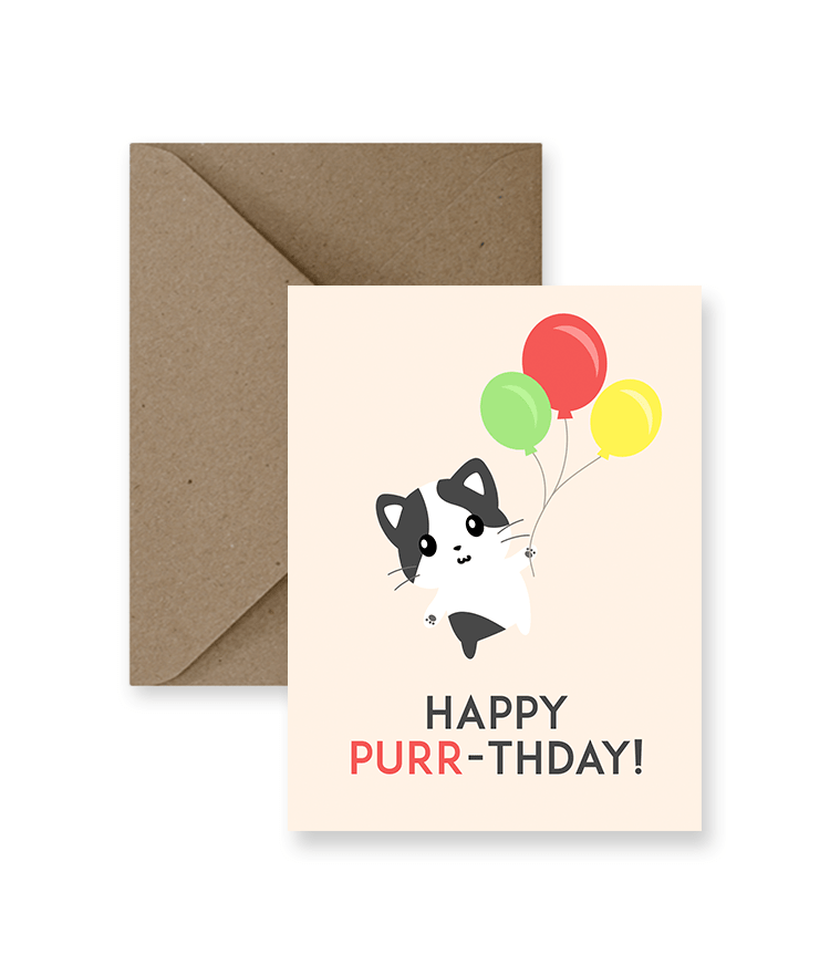 Sized A2, 4.25 x 5.5 inches folded card has a kitten floating in the air while hanging onto three balloons on the front and says "Happy purr-thday". The card comes with a matching Kraft Envelope